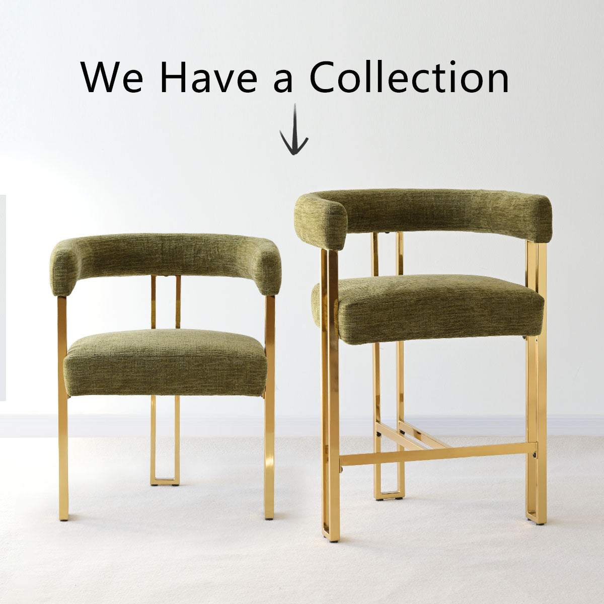 Mia 24" Modern Gold Chenille Counter Stool with Arms (Set of 2)