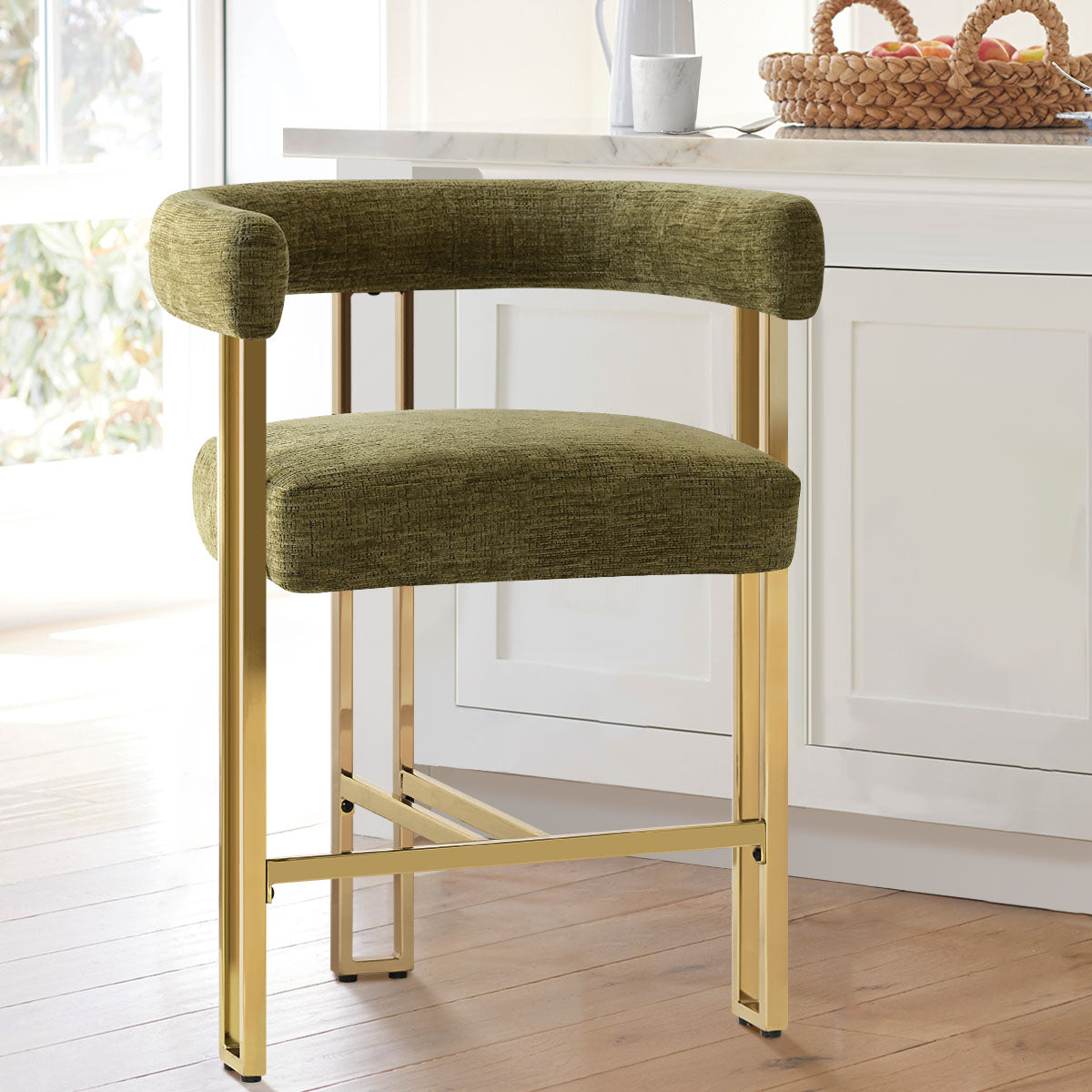 Mia 24" Modern Gold Chenille Counter Stool with Arms (1-piece)