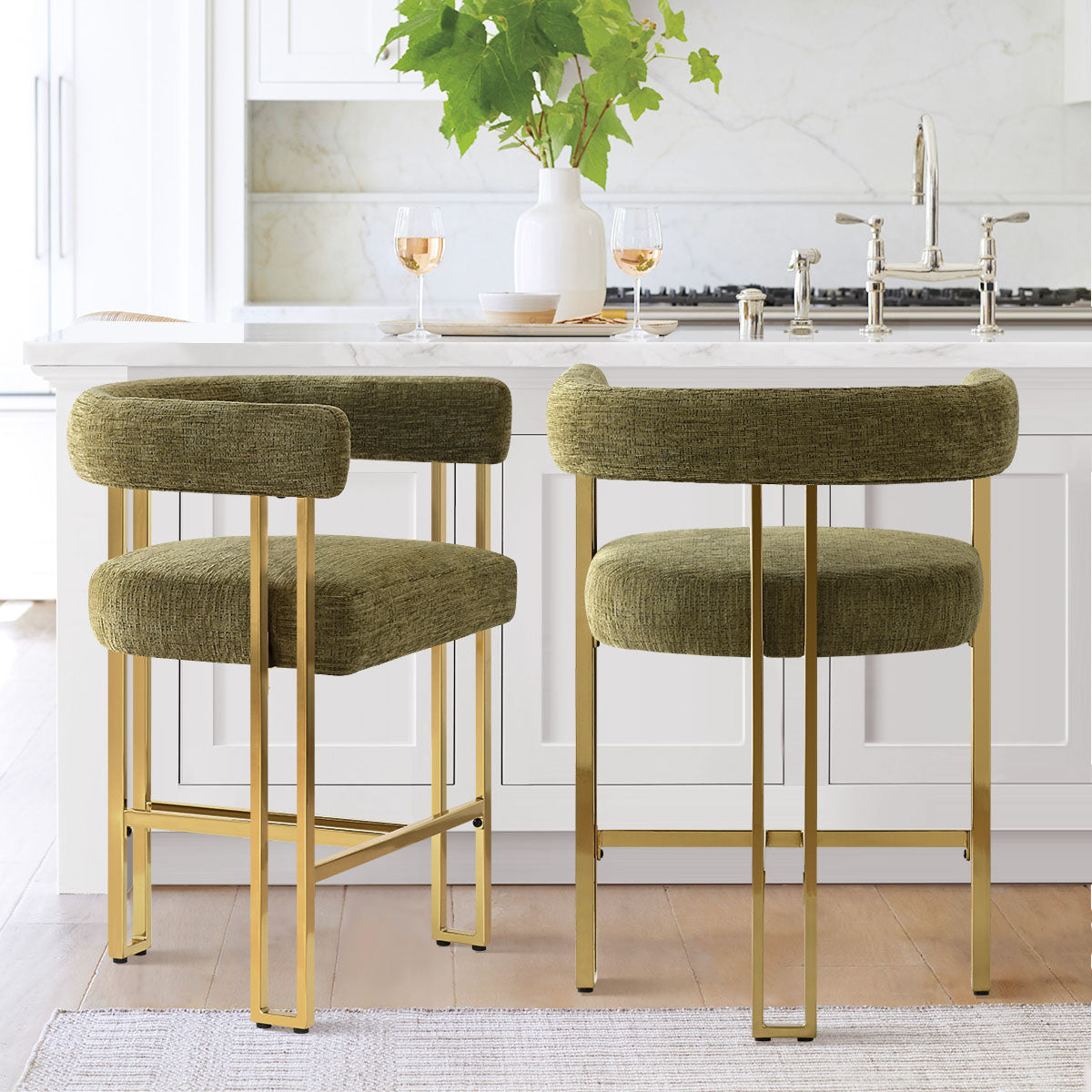 Mia 24" Modern Gold Chenille Counter Stool with Arms (Set of 2)