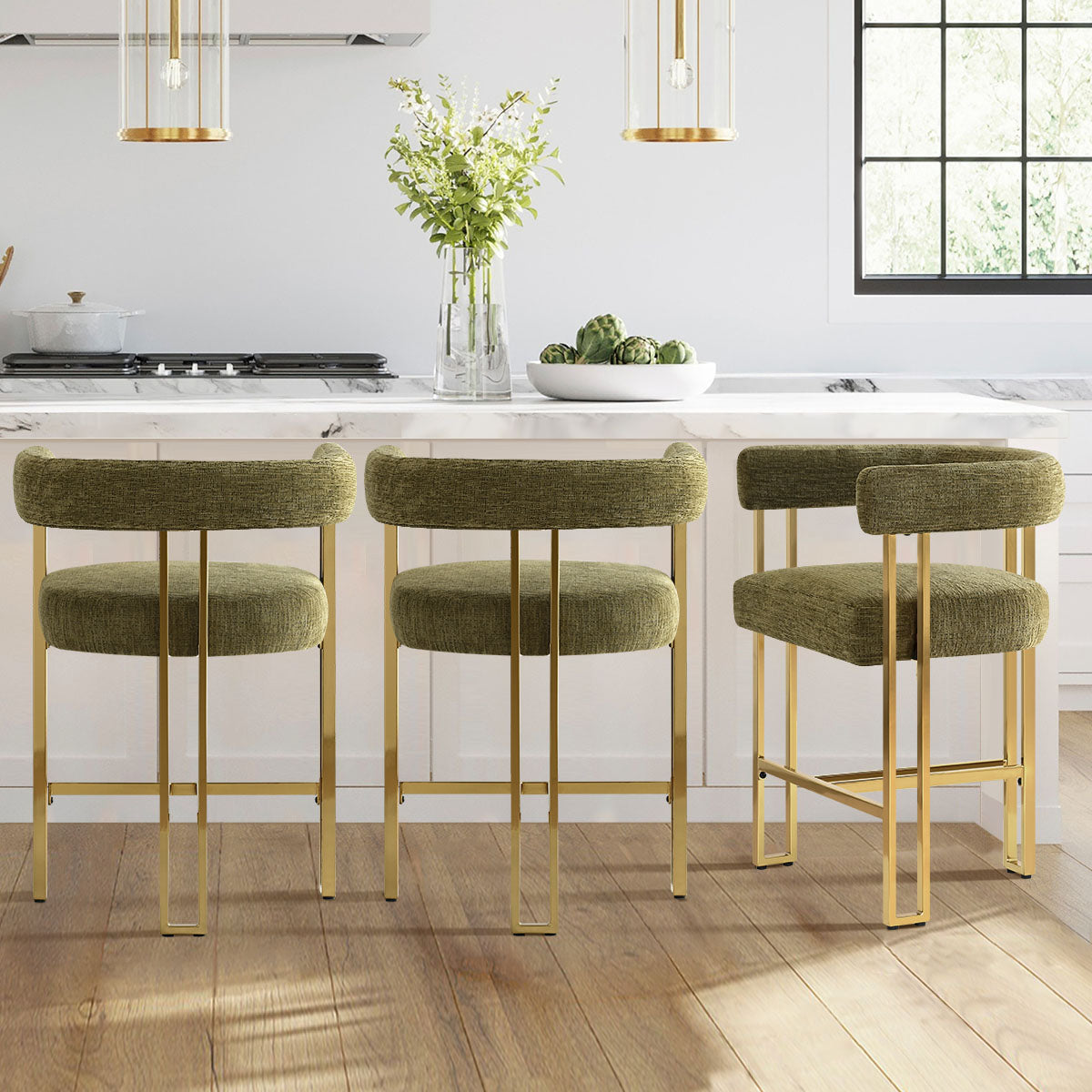 Mia 24" Modern Gold Chenille Counter Stool with Arms (Set of 2)