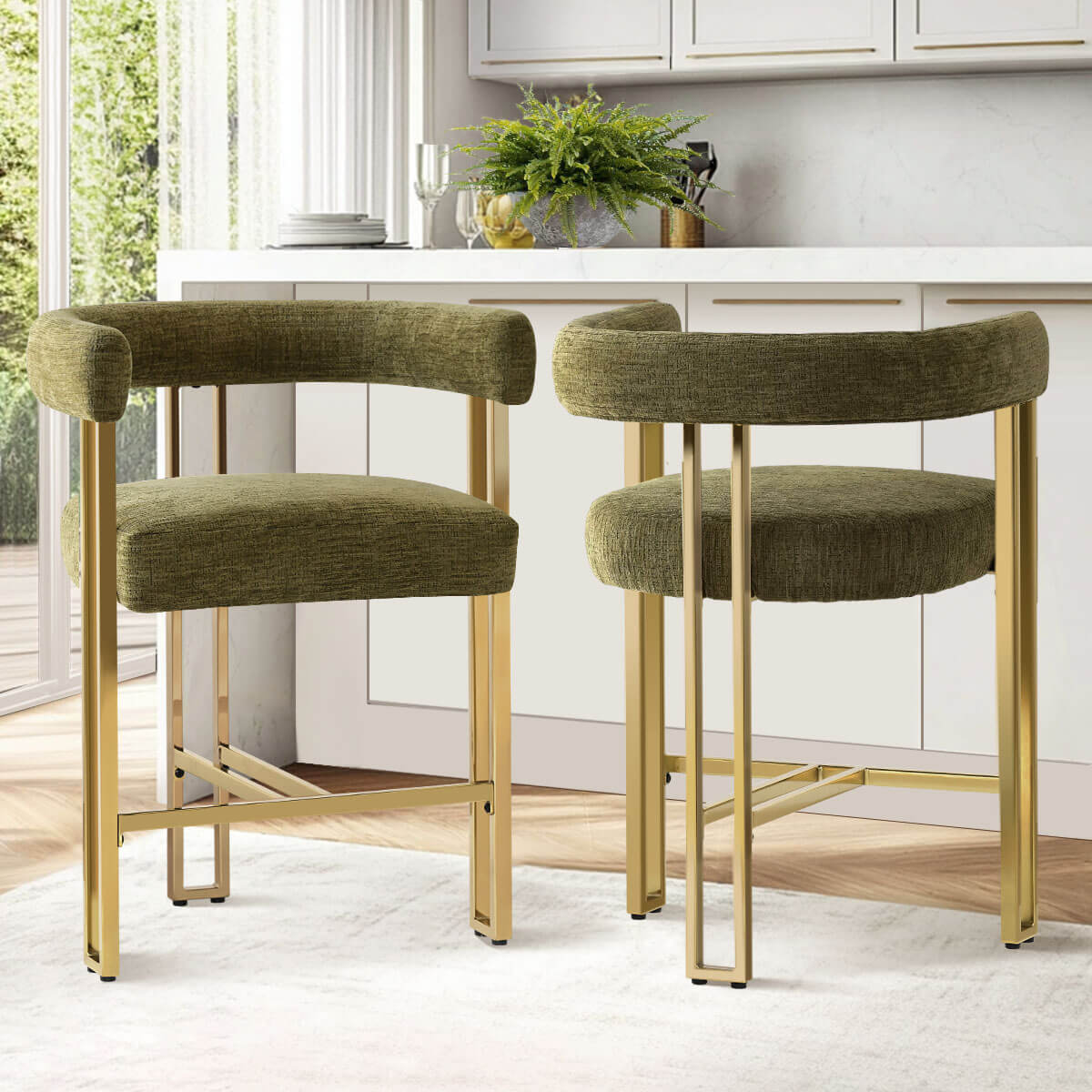 Mia 24" Modern Gold Chenille Counter Stool with Arms (Set of 2)