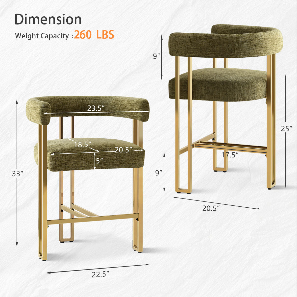 Mia 24" Modern Gold Chenille Counter Stool with Arms (Set of 2)