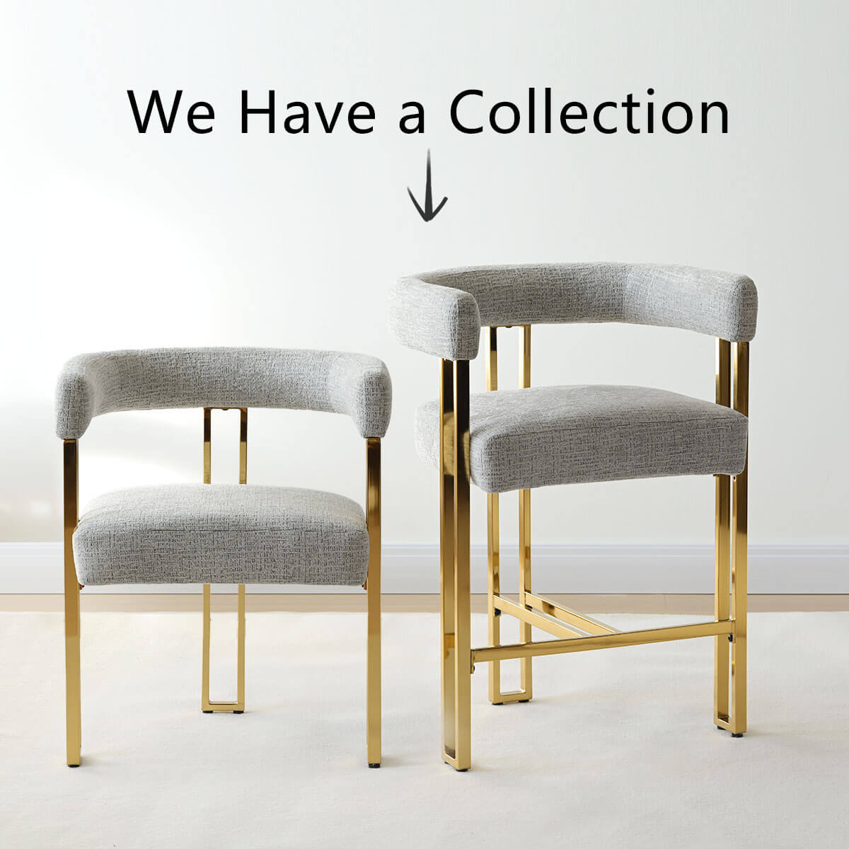 Mia 24" Modern Gold Chenille Counter Stool with Arms (Set of 2)