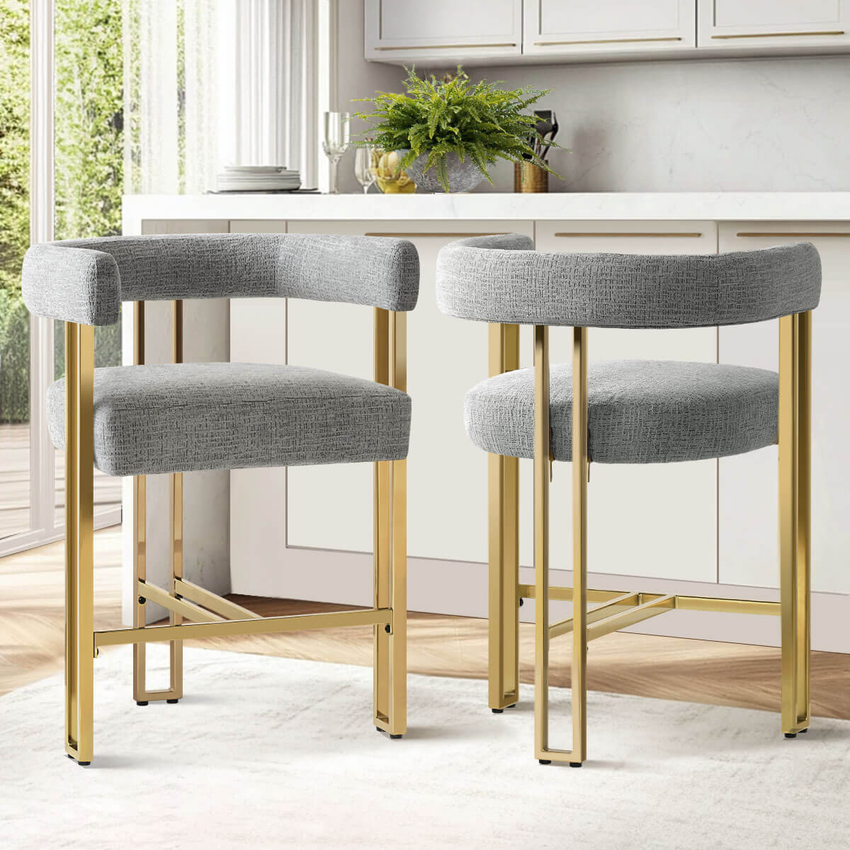 Mia 24" Modern Gold Chenille Counter Stool with Arms (Set of 2)