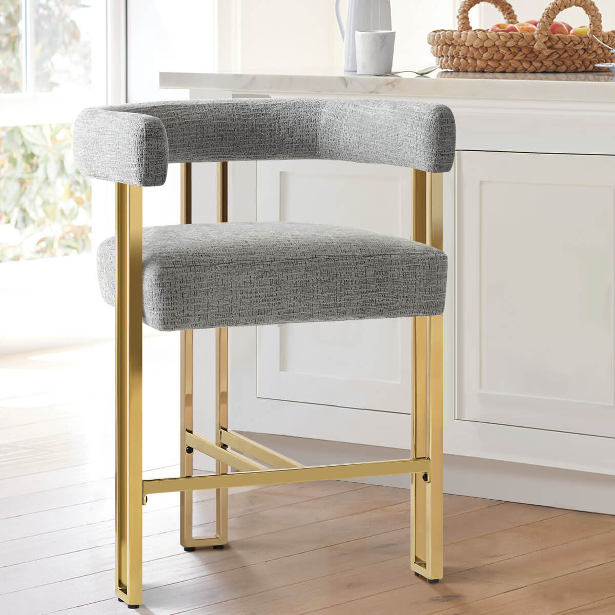 Mia 24" Modern Gold Chenille Counter Stool with Arms (1-piece)