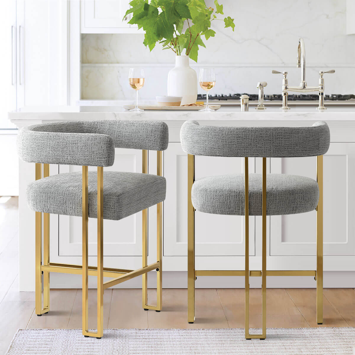 Mia 24" Modern Gold Chenille Counter Stool with Arms (Set of 2)