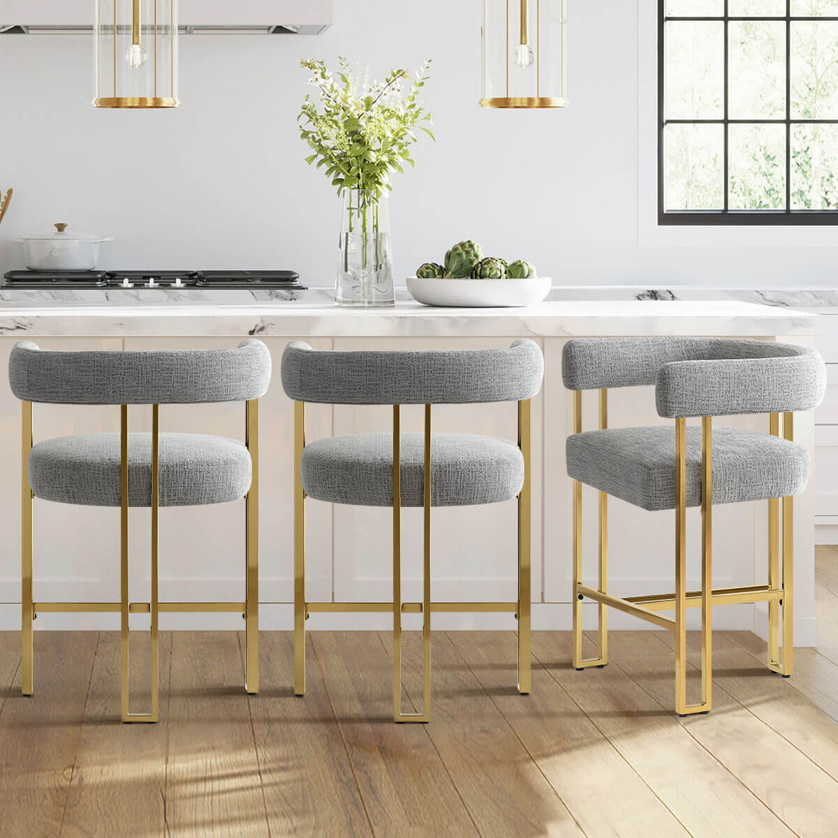 Mia 24" Modern Gold Chenille Counter Stool with Arms (Set of 2)