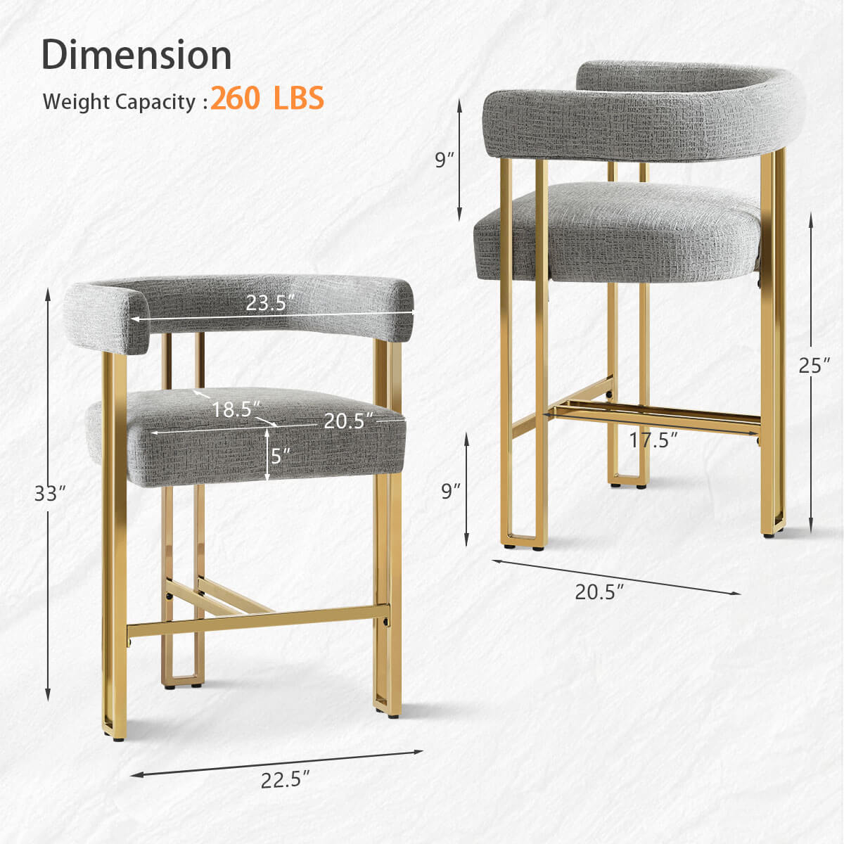 Mia 24" Modern Gold Chenille Counter Stool with Arms (Set of 2)