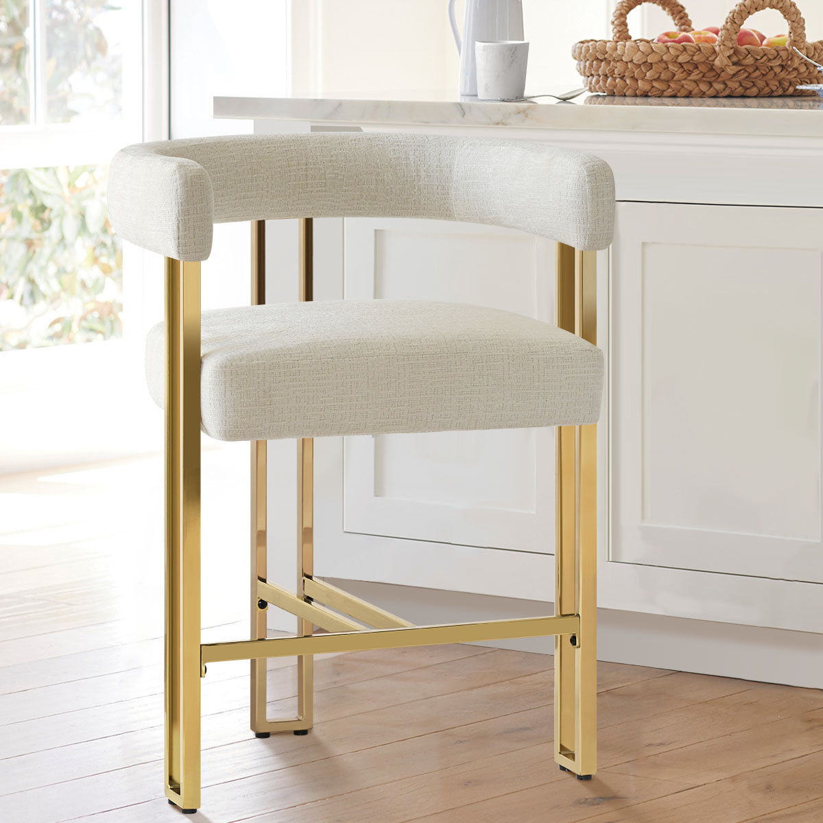 Mia 24" Modern Gold Chenille Counter Stool with Arms (1-piece)