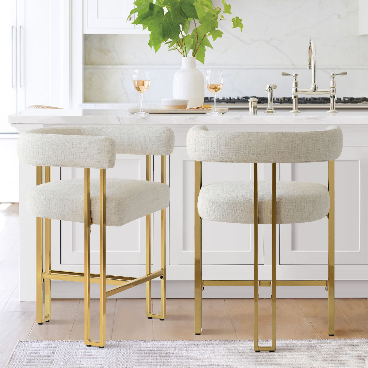 Mia 24" Modern Gold Chenille Counter Stool with Arms (Set of 2)