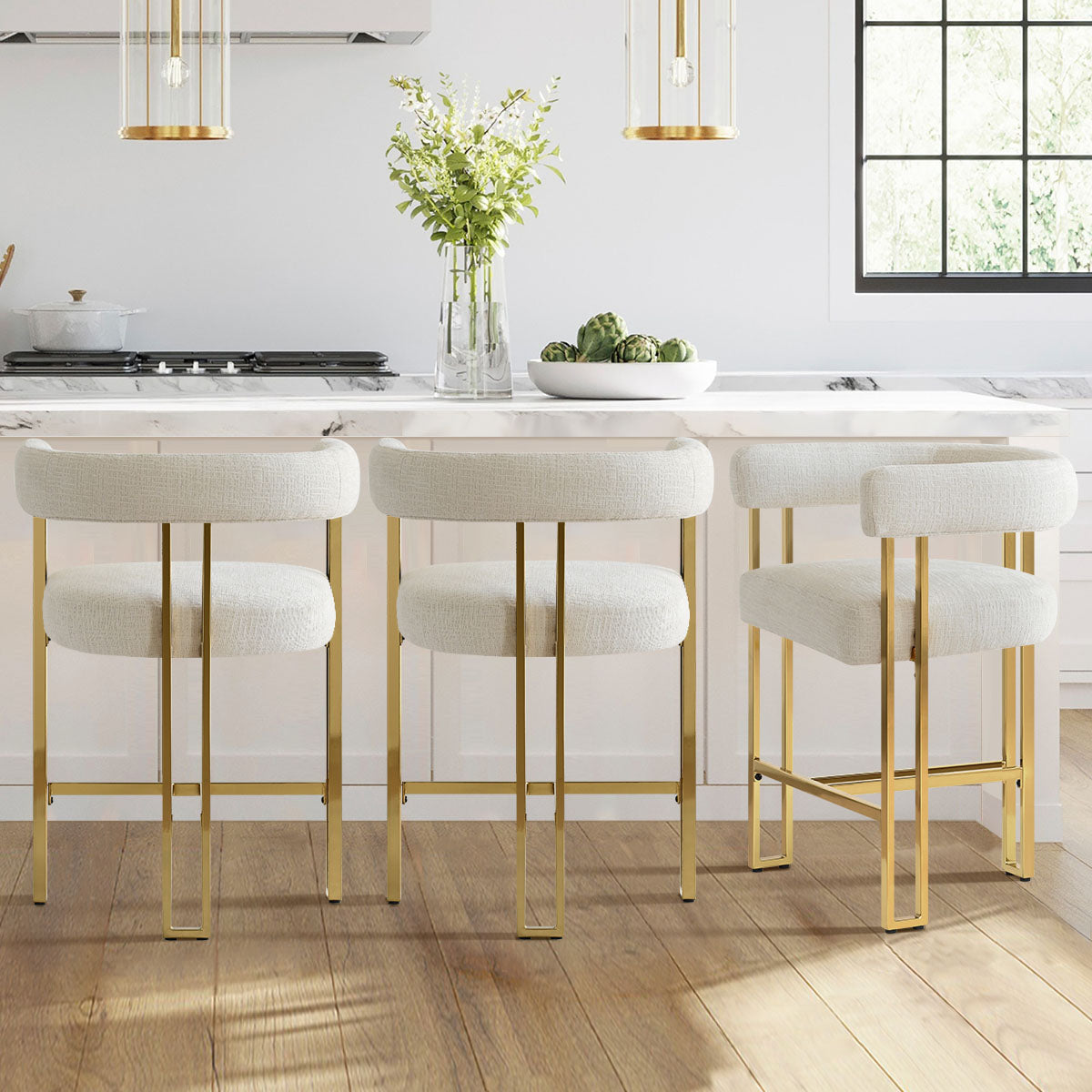 Mia 24" Modern Gold Chenille Counter Stool with Arms (Set of 2)