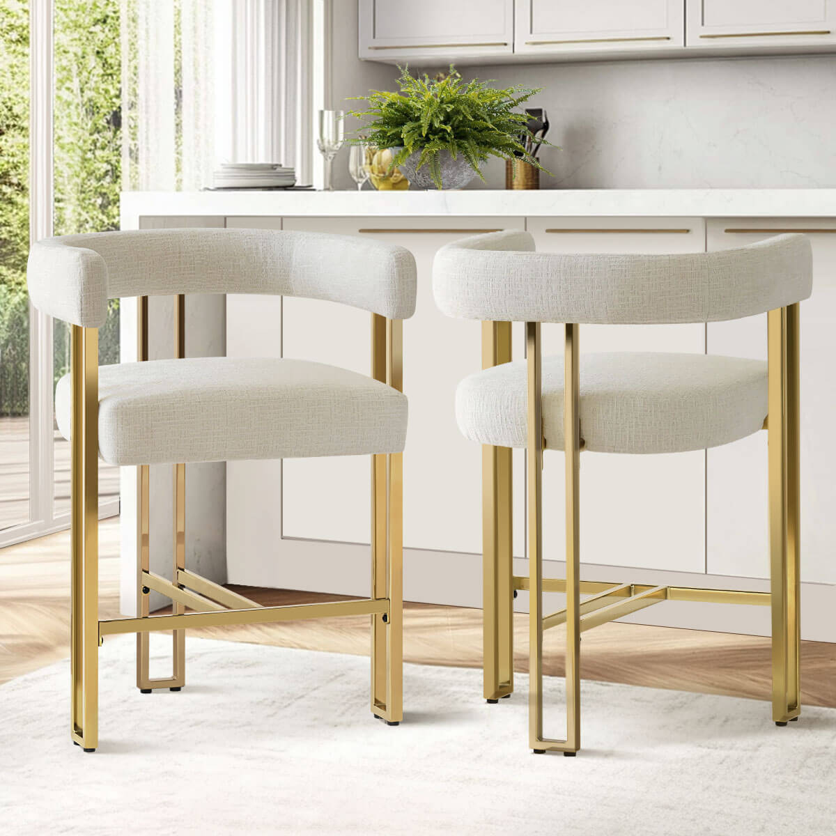 Mia 24" Modern Gold Chenille Counter Stool with Arms (Set of 2)