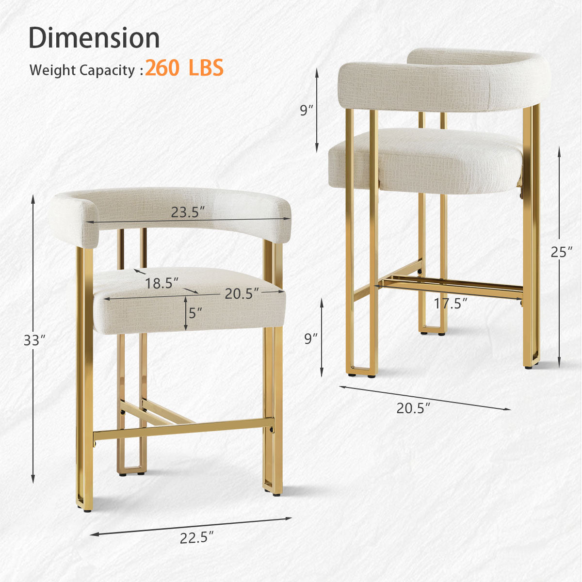 Mia 24" Modern Gold Chenille Counter Stool with Arms (Set of 2)