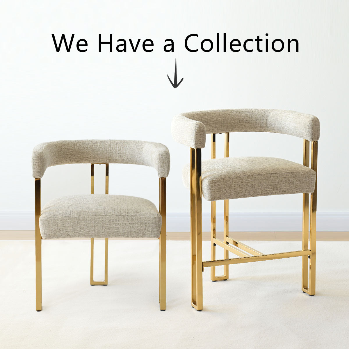 Mia 24" Modern Gold Chenille Counter Stool with Arms (Set of 2)