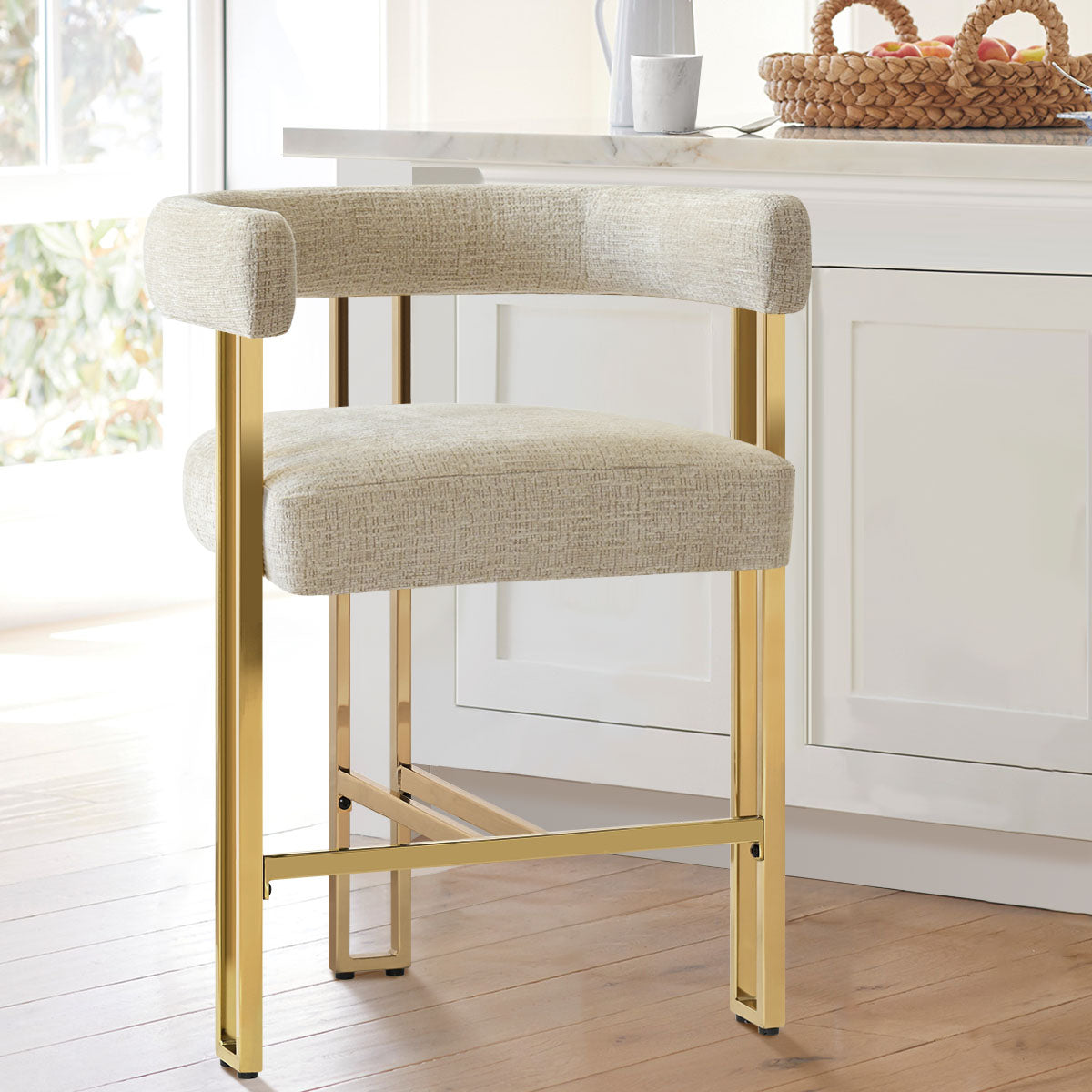 Mia 24" Modern Gold Chenille Counter Stool with Arms (1-piece)