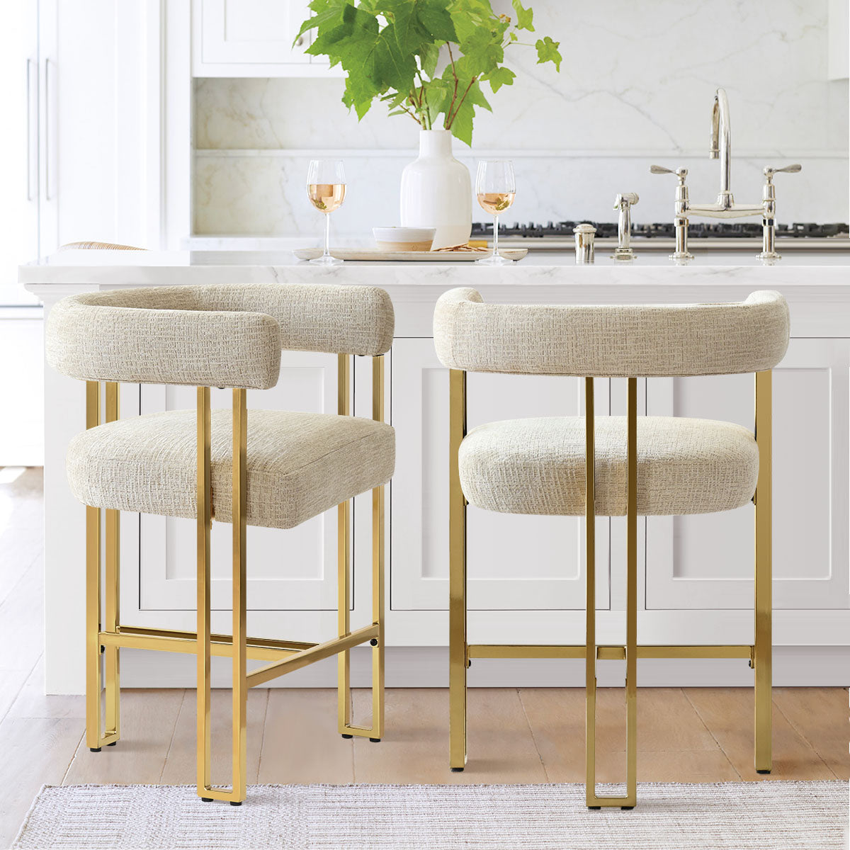 Mia 24" Modern Gold Chenille Counter Stool with Arms (Set of 2)