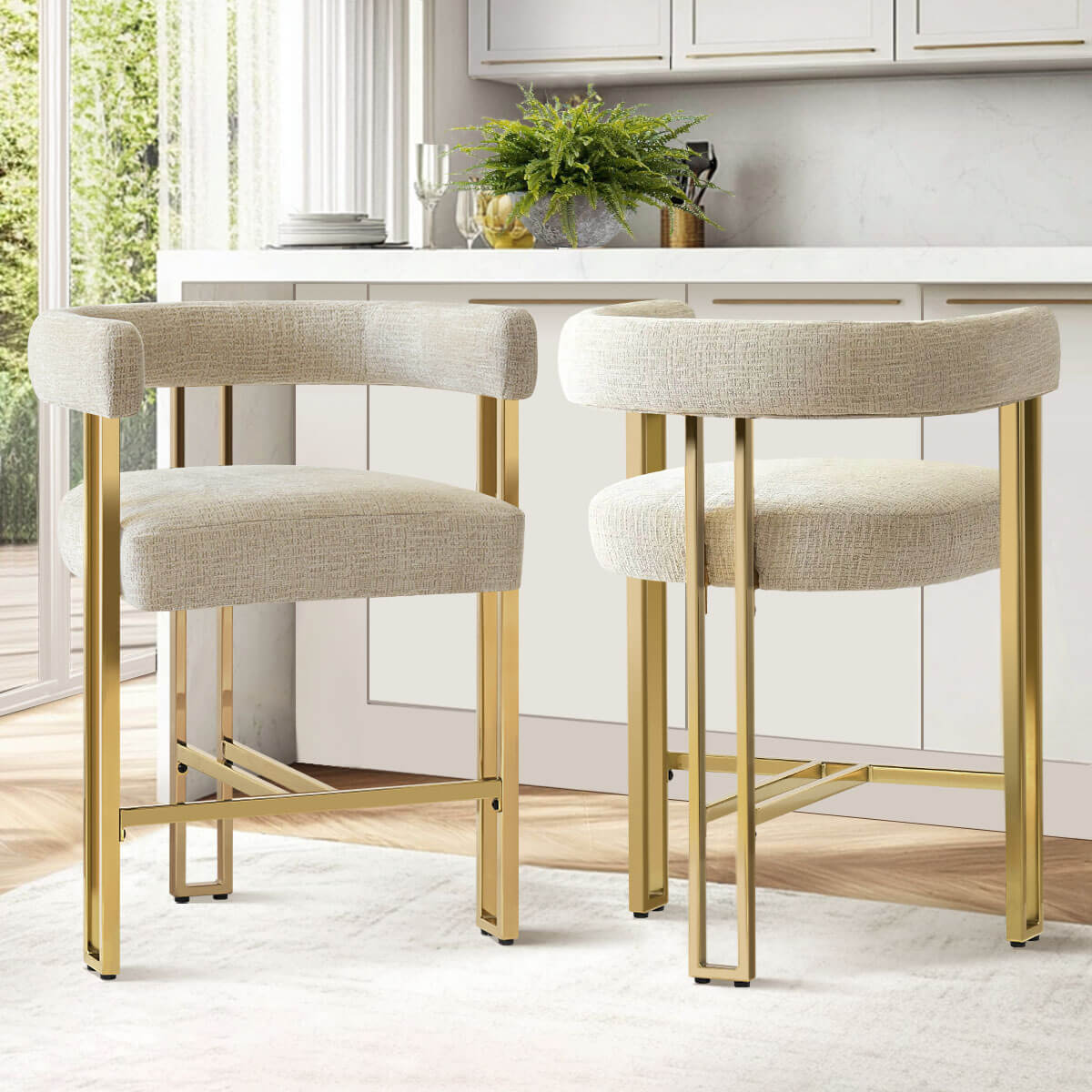 Mia 24" Modern Gold Chenille Counter Stool with Arms (Set of 2)