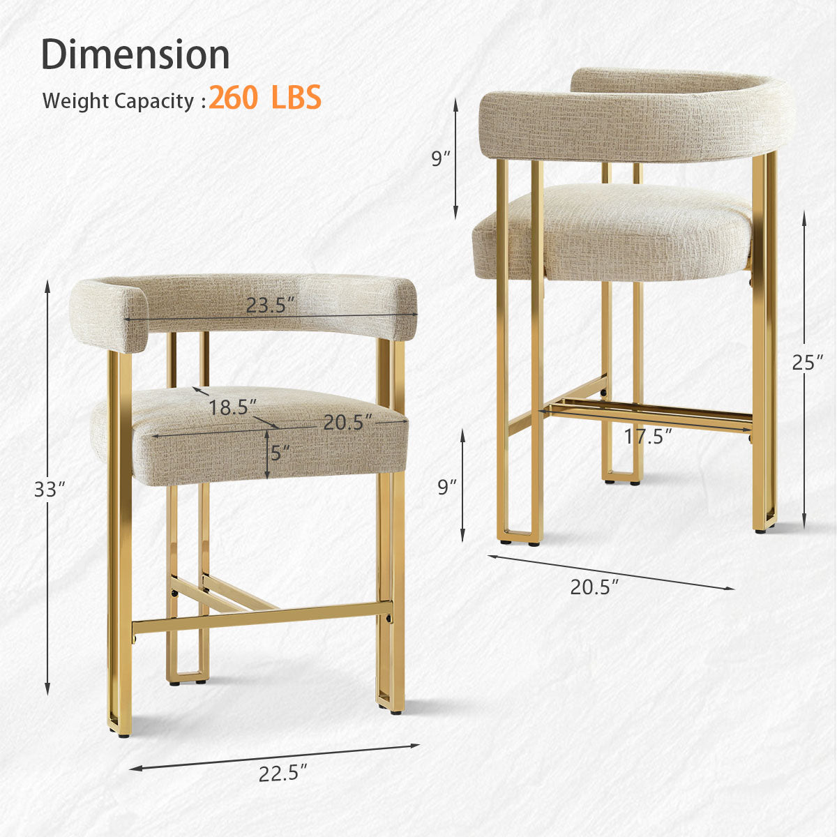 Mia 24" Modern Gold Chenille Counter Stool with Arms (Set of 2)