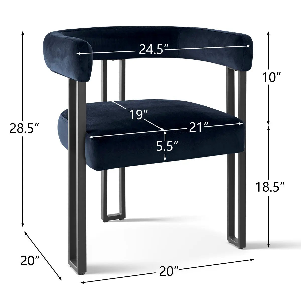 Mia Velvet Accent Dining Chair with dimensions, dark blue velvet fabric, and sleek metal legs.