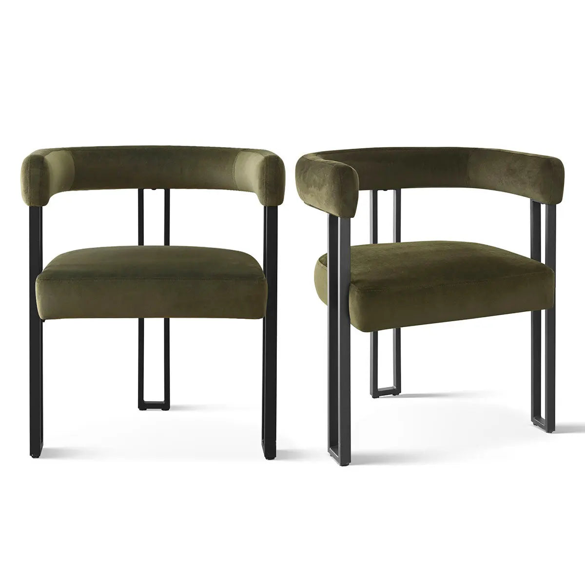 Pair of green Mia Velvet Accent Dining Chairs with black metal legs, modern design, seamless style.