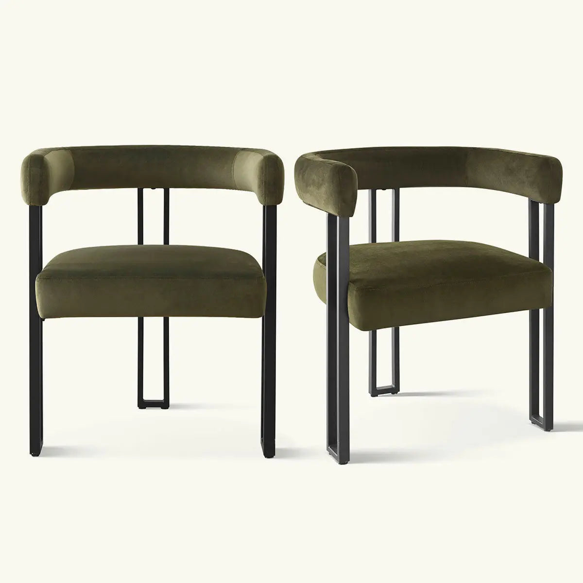 Olive velvet dining chairs by Mia with black legs, modern style, accent furniture piece.