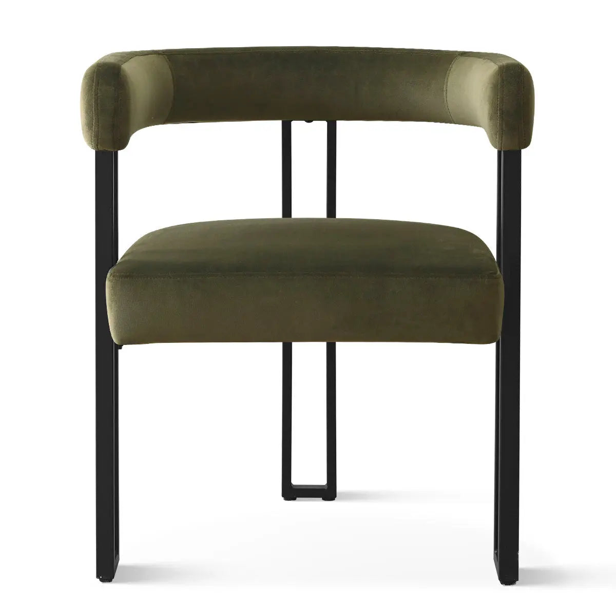 Green velvet accent dining chair with black metal legs, modern design for dining room elegance.