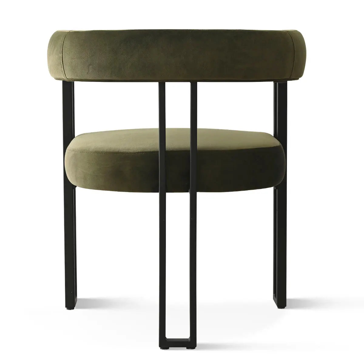 Mia Velvet Accent Dining Chair, green velvet, modern back view, metal frame, stylish seating solution.