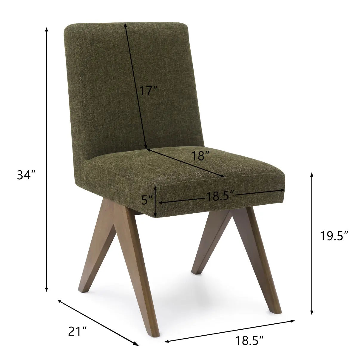 Morgan Mid Century Modern Upholstered Dining Chair dimensions, green fabric, brown wooden legs.