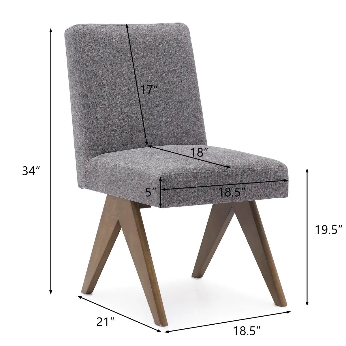 Morgan Mid Century Modern Upholstered Dining Chair with dimensions, featuring grey fabric and wooden legs.