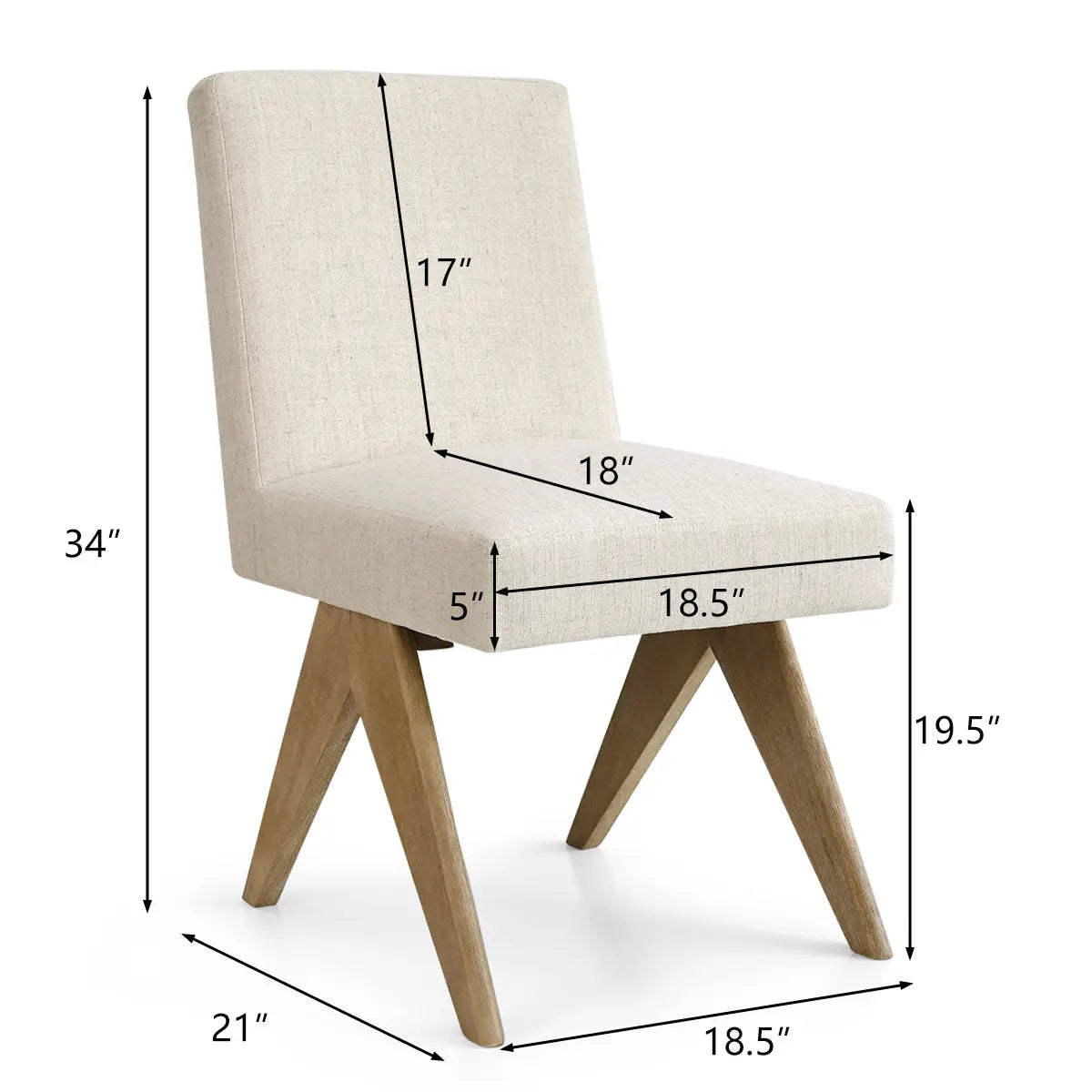 Morgan Mid-Century Boucle Upholstered Dining Chair with dimensions, beige fabric, wooden legs.