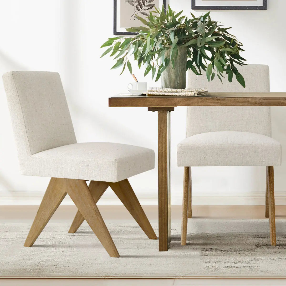 Morgan Mid-Century Boucle Upholstered Dining Chair in beige, wooden table, light rug, dining room.