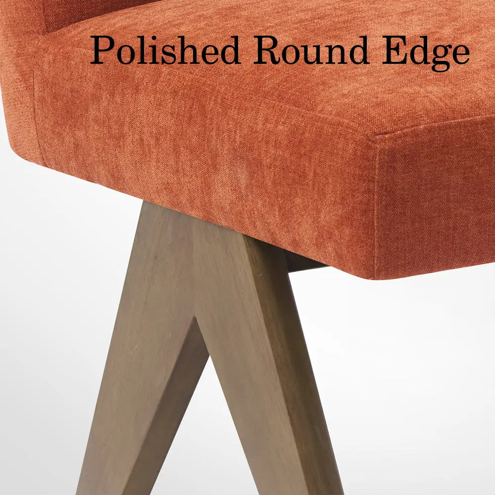 Morgan Mid Century Modern dining chair with polished round edge, wooden legs, close-up view.