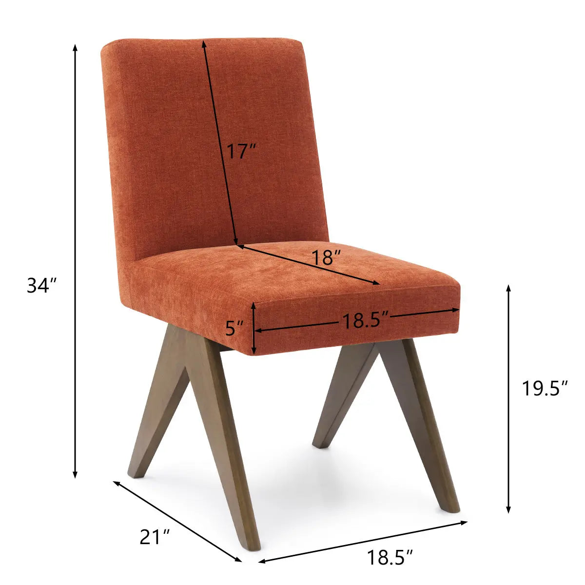 Dimensions of Morgan Mid Century Modern Upholstered Dining Chair; brown wooden legs, orange fabric seat.