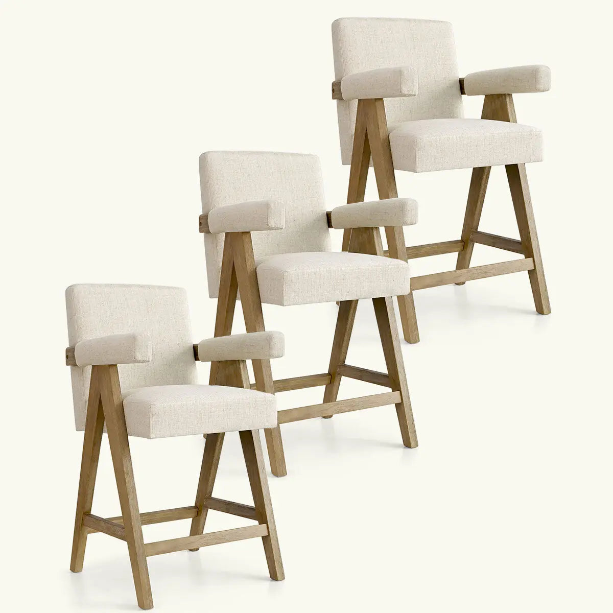 Morgan Mid Century Modern Upholstered Counter Stool with Arms, wooden frame, neutral background.