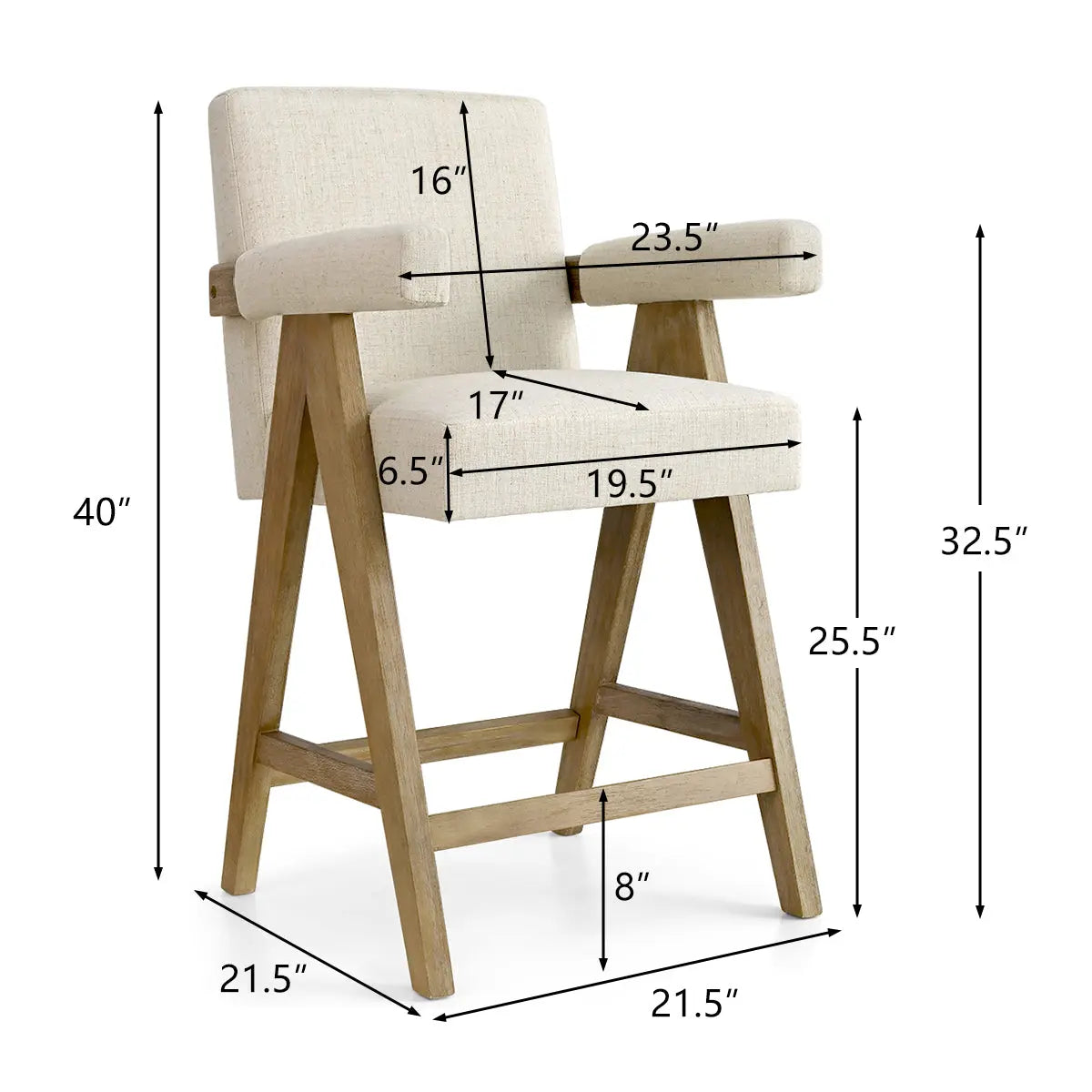 Dimensions of the Morgan Mid Century Upholstered Counter Stool with arms, neutral upholstery, wooden frame.