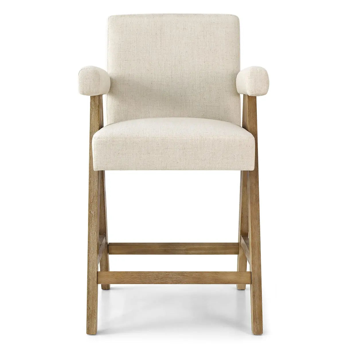 Morgan Mid Century Upholstered Counter Stool with Arms, beige fabric, wooden legs, white background.