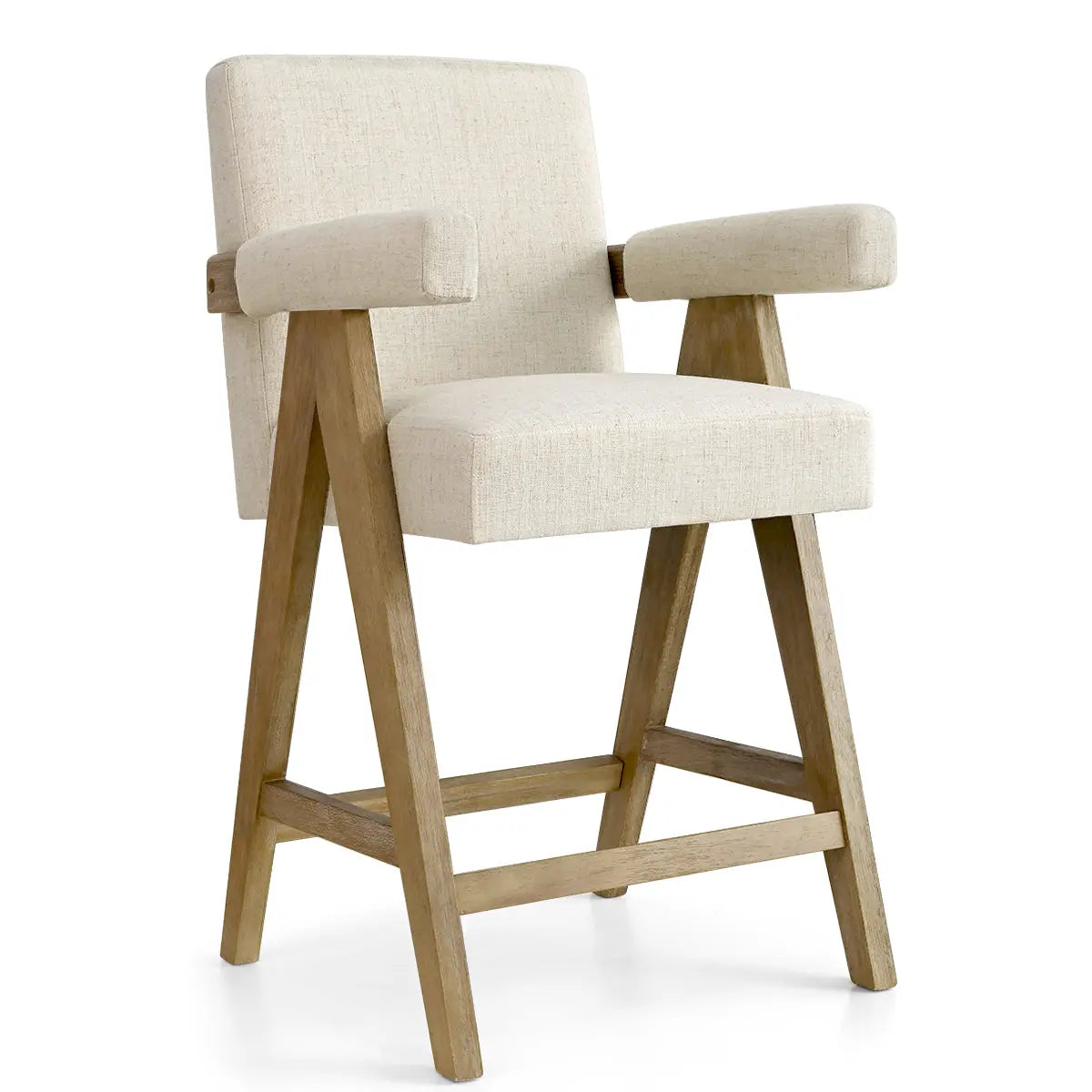 Morgan Mid Century Upholstered Counter Stool with Arms, beige fabric, wooden frame, contemporary design.