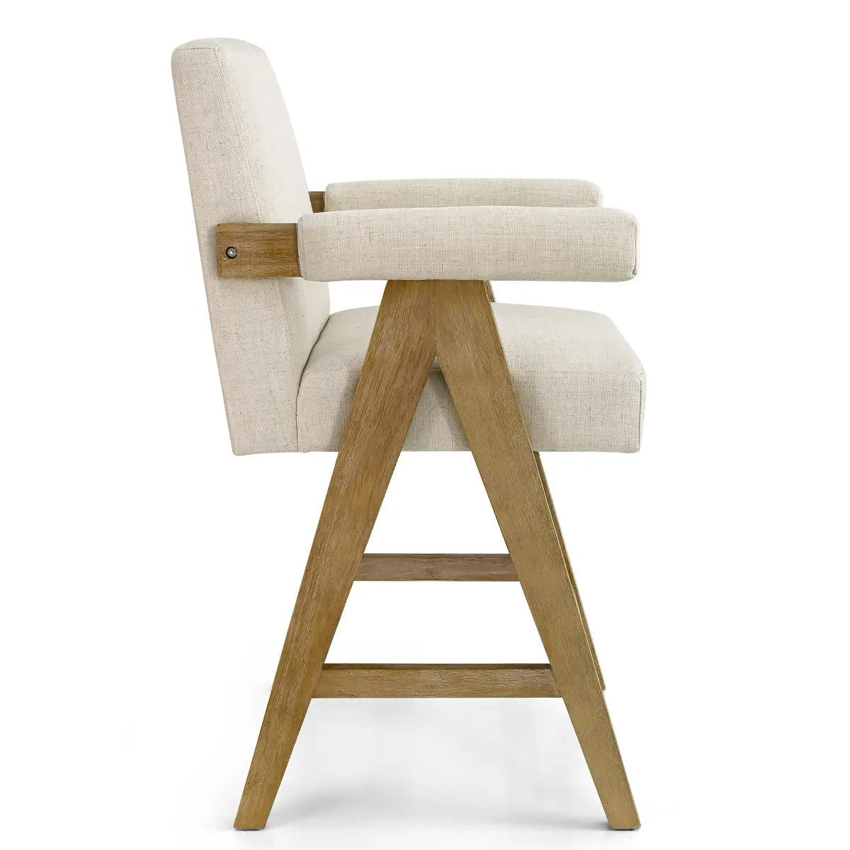 Mid-century style Morgan upholstered counter stool with arms, natural wood legs, beige fabric.