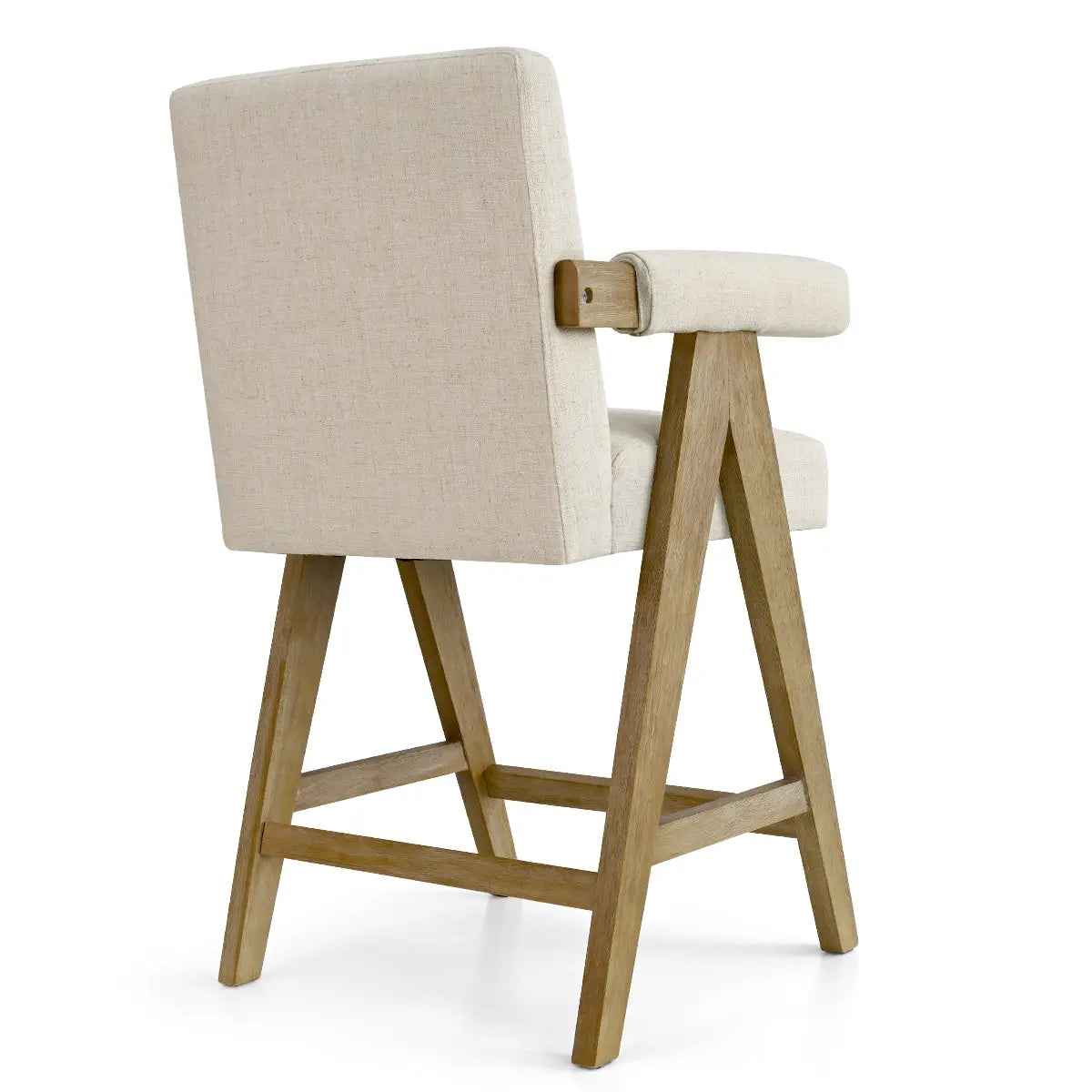 Morgan Mid Century Upholstered Counter Stool with arms in beige fabric and wooden legs.