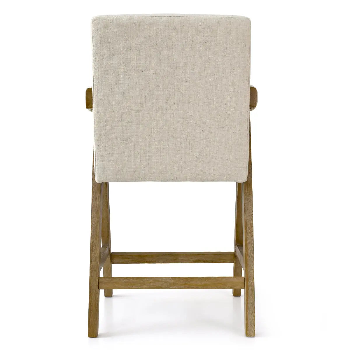 Back view of Morgan Mid Century Upholstered Counter Stool with wooden legs and neutral fabric.