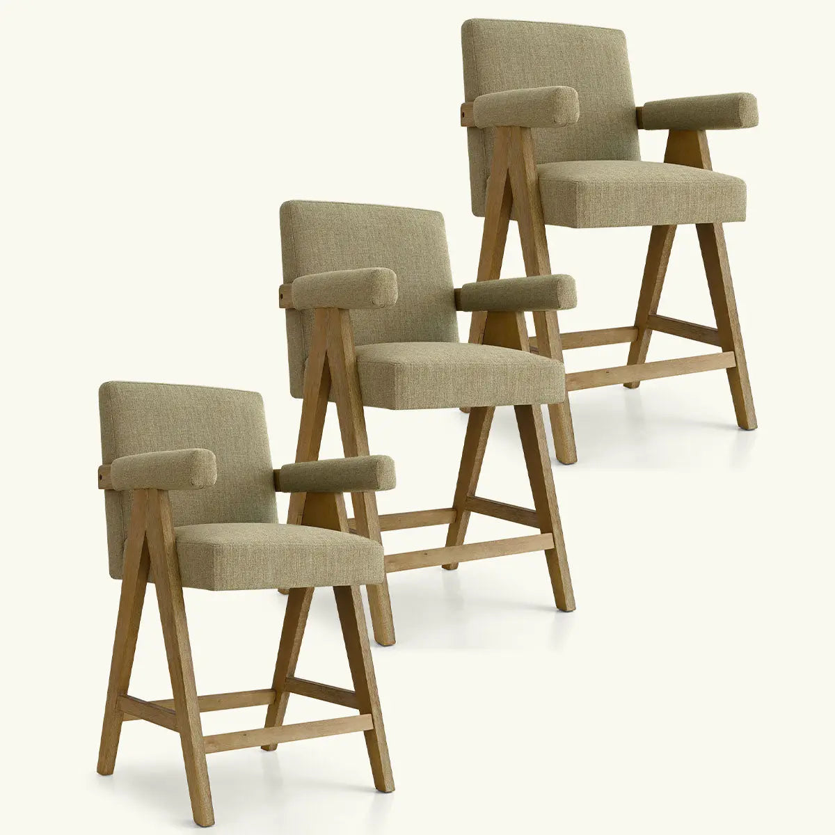 Morgan Mid Century Modern Upholstered Counter Stool with Arms, beige fabric, three stools showcased.