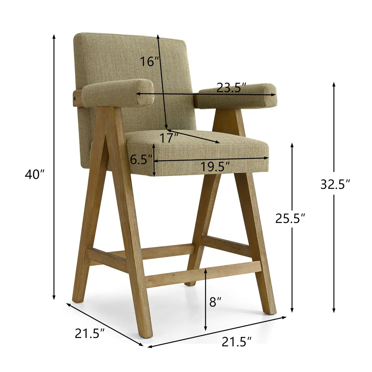 Morgan Mid Century Modern Upholstered Counter Stool with Arms, dimensions and natural wood finish.