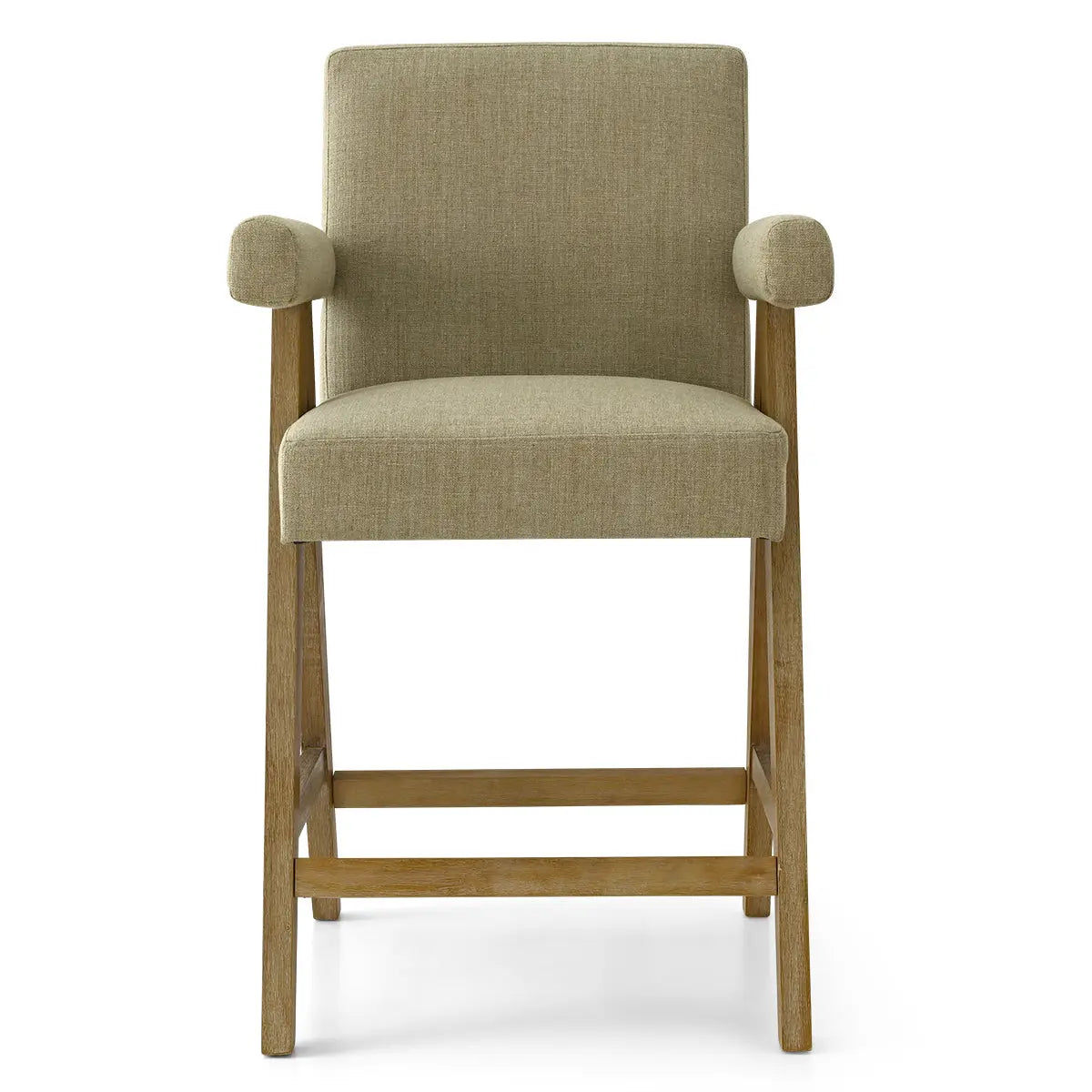 Morgan Mid Century Modern Upholstered Counter Stool with Arms: stylish seating, neutral upholstery, wooden frame.