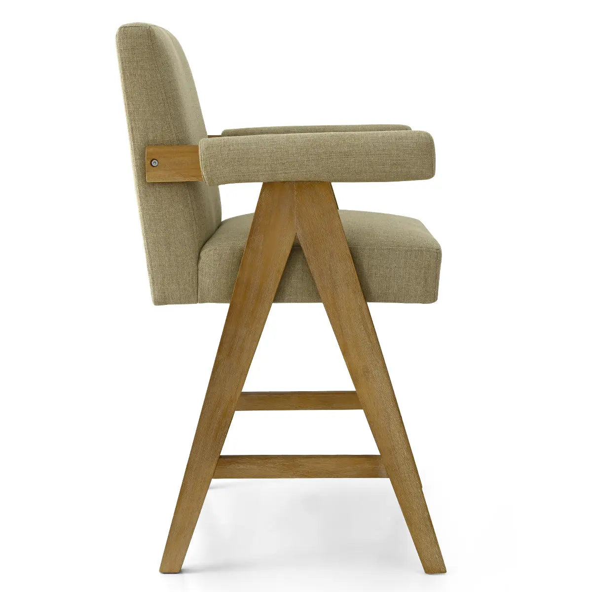 Morgan Mid Century Modern Upholstered Counter Stool with Arms, oak legs, beige fabric seat.