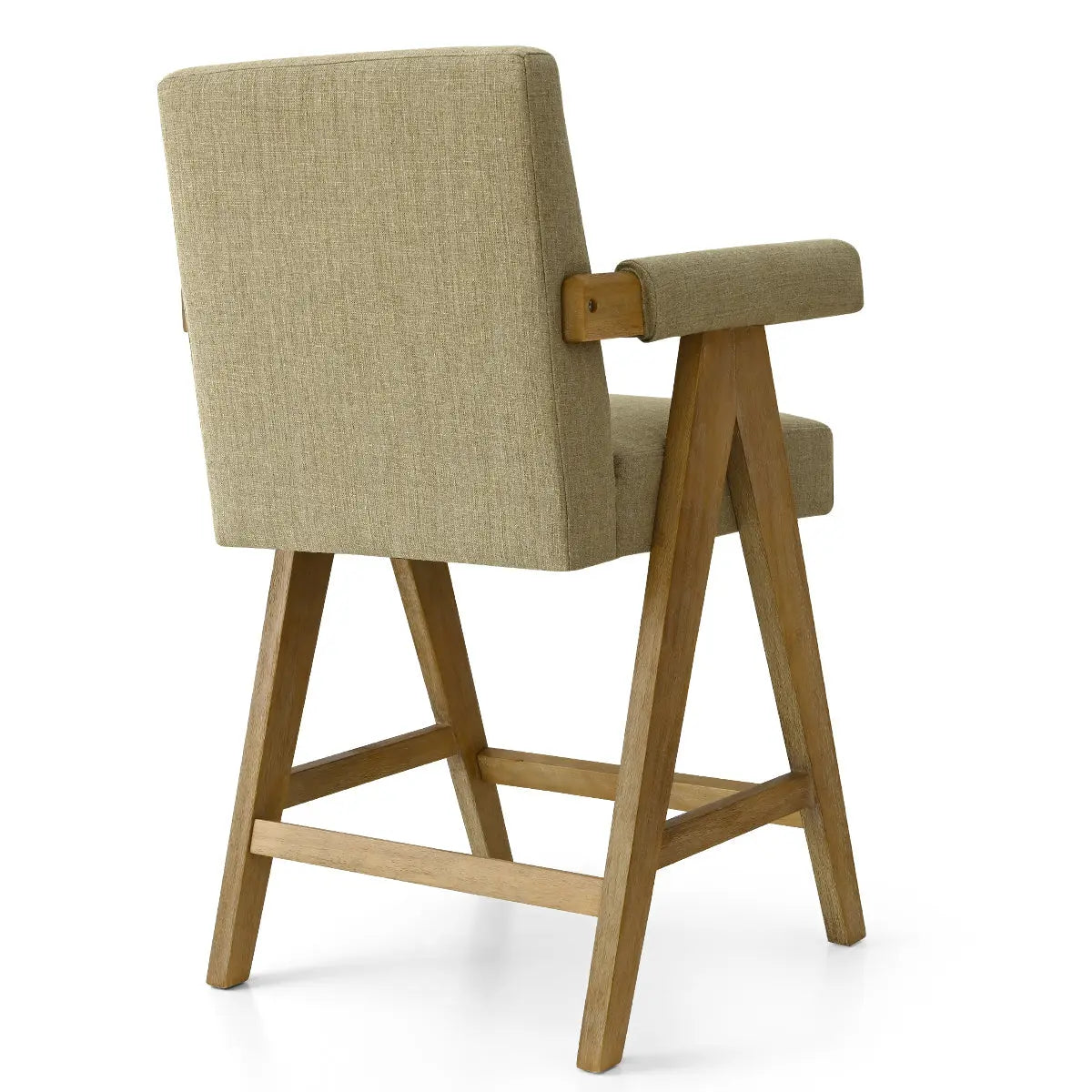 Morgan Mid Century Modern Upholstered Counter Stool with Arms featuring wooden legs and green fabric.