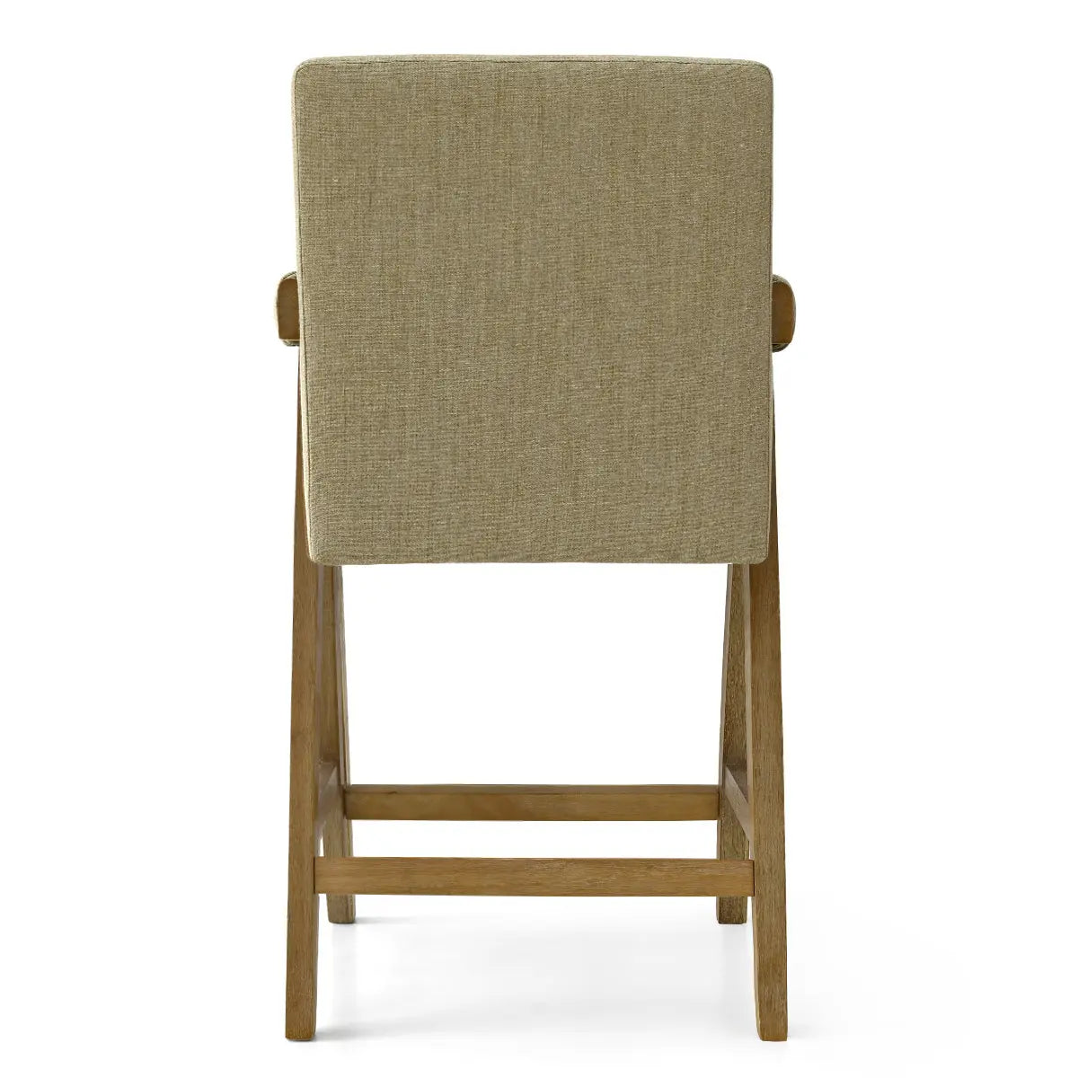 Back view of Morgan Mid Century Modern Upholstered Counter Stool with Arms in a minimalist setting.