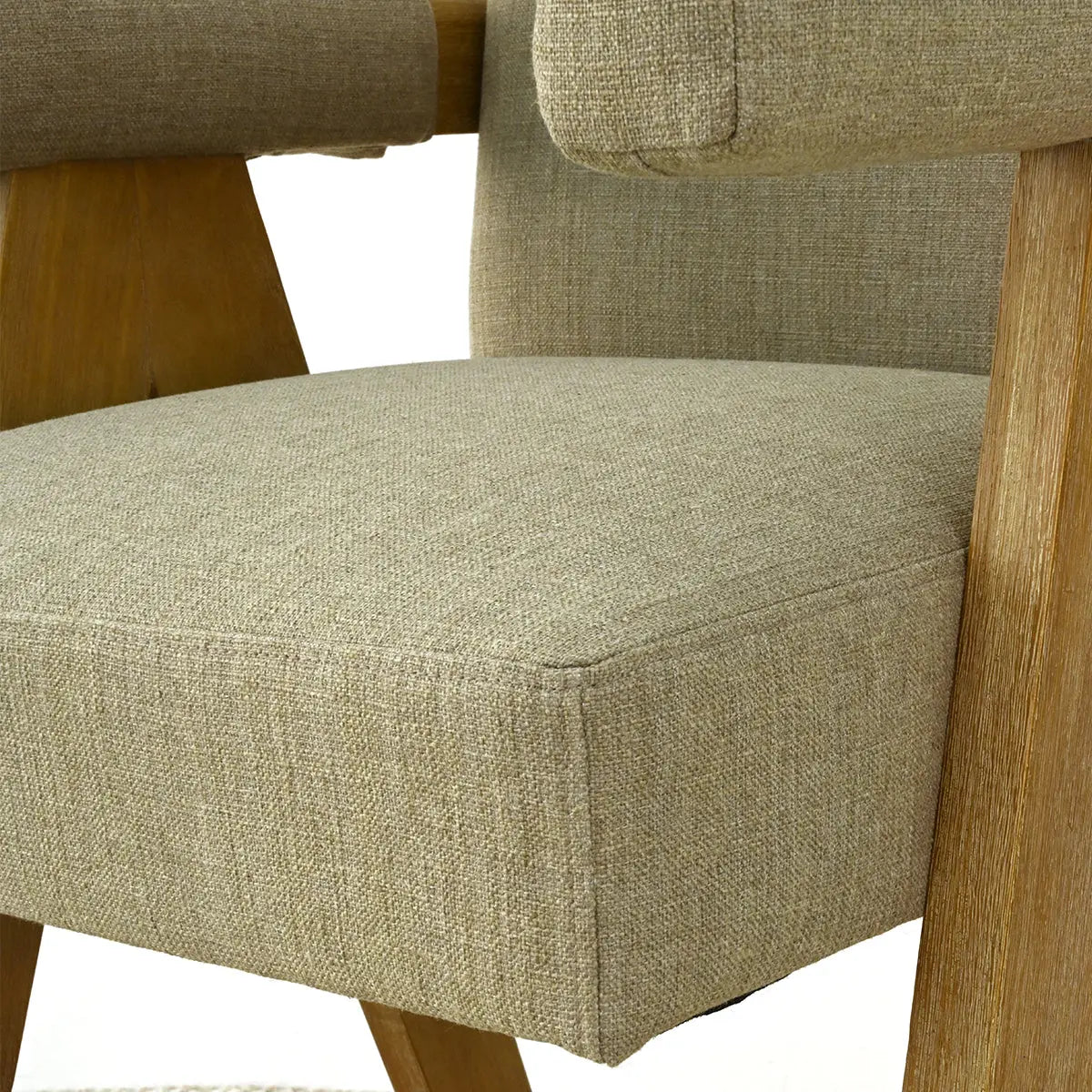 Morgan Mid Century Modern stool, beige upholstery, wooden legs, close-up view, no background, furniture detail.