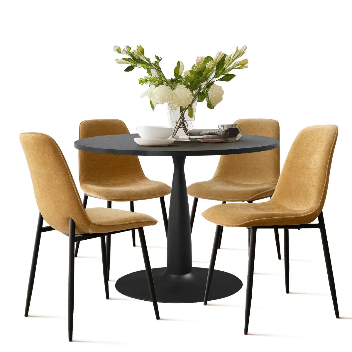 Haven & Oslo Black Round Dining Set with mustard chairs, ideal for modern dining rooms.