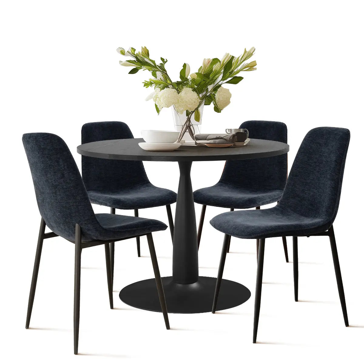 Haven & Oslo Black Round Dining Table Set, dark chairs, minimalistic design, ideal for modern dining spaces.