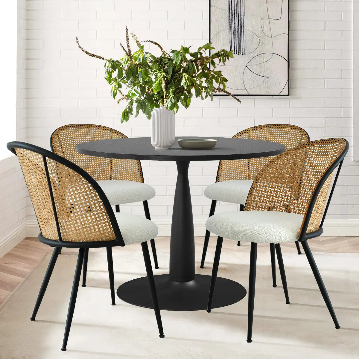 Haven & Jules 35" Rattan Dining Table Set, white brick wall, light wood flooring, modern decor.